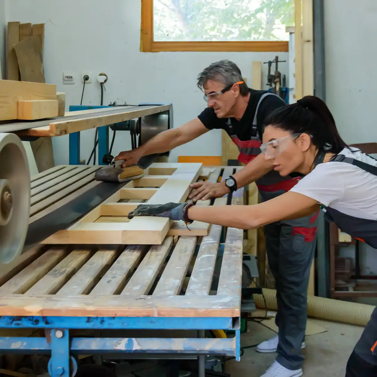 Tischler und Schreiner an der Breitbandschleifmaschine am Gardasee